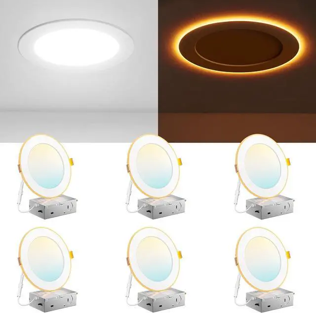 Main image of 6 Pack 6 Inch 5CCT LED Recessed Ceiling Light with Night Light, 2700K/3000K/3500K/4000K/5000K Selectable Ultra-Thin Recessed Lighting, 12W=110W, 1100LM, Dimmable Canless Wafer Downlight ETL&FCC