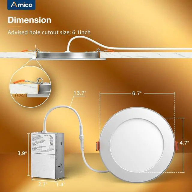 Alt view image 5 of 7 - 6 Pack 6 Inch 5CCT LED Recessed Ceiling Light with Night Light, 2700K/3000K/3500K/4000K/5000K Selectable Ultra-Thin Recessed Lighting, 12W=110W, 1100LM, Dimmable Canless Wafer Downlight ETL&FCC