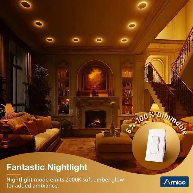 Alt view image 6 of 7 - 6 Pack 6 Inch 5CCT LED Recessed Ceiling Light with Night Light, 2700K/3000K/3500K/4000K/5000K Selectable Ultra-Thin Recessed Lighting, 12W=110W, 1100LM, Dimmable Canless Wafer Downlight ETL&FCC