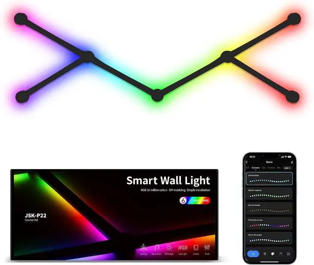 Main image of Smart Wall Light Lines, WiFi RGB LED Bars, 16M+ Color Dimmable Music Sync DIY Home Decor for Gaming Party Streaming Lovers, Compatible with Alexa & Google Assistant (6 Lines, Black)