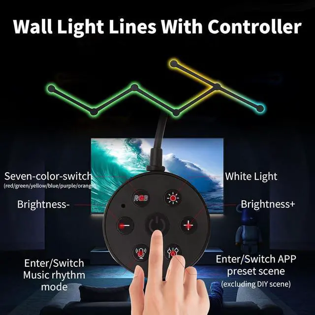 Alt view image 2 of 7 - Smart Wall Light Lines, WiFi RGB LED Bars, 16M+ Color Dimmable Music Sync DIY Home Decor for Gaming Party Streaming Lovers, Compatible with Alexa & Google Assistant (6 Lines, Black)