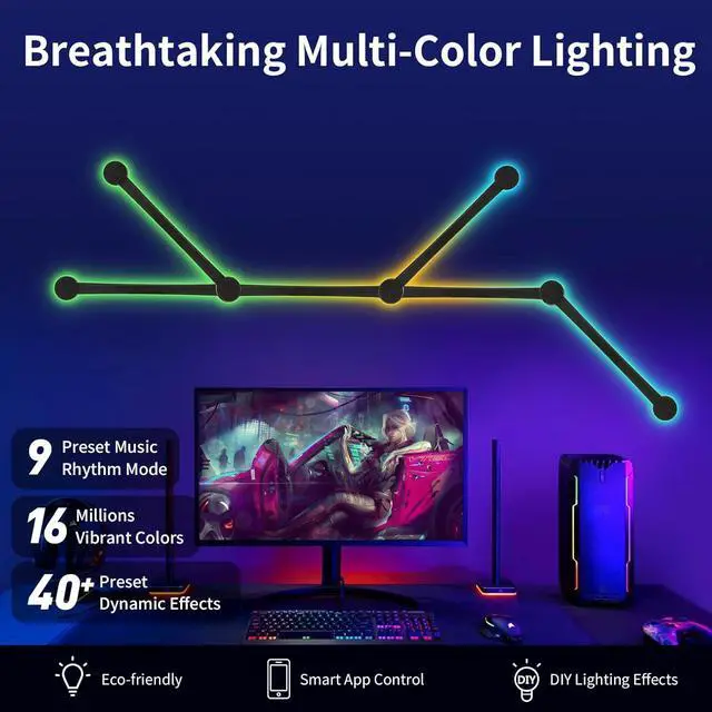 Alt view image 3 of 7 - Smart Wall Light Lines, WiFi RGB LED Bars, 16M+ Color Dimmable Music Sync DIY Home Decor for Gaming Party Streaming Lovers, Compatible with Alexa & Google Assistant (6 Lines, Black)