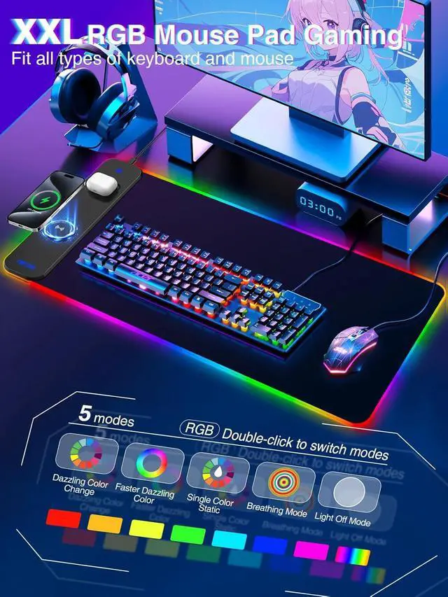 Alt view image 2 of 7 - Magnetic Charging Mouse Pad 31.5x15.75, 15W Fast Wireless Charging Desk Mat, XXL Desk Pad RGB Gaming Mousepad, Home Office Large Keyboard Pad with Ultra-Smooth Surface, Non-Slip Base