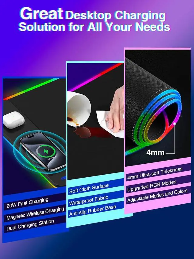 Alt view image 6 of 7 - Magnetic Charging Mouse Pad 31.5x15.75, 15W Fast Wireless Charging Desk Mat, XXL Desk Pad RGB Gaming Mousepad, Home Office Large Keyboard Pad with Ultra-Smooth Surface, Non-Slip Base