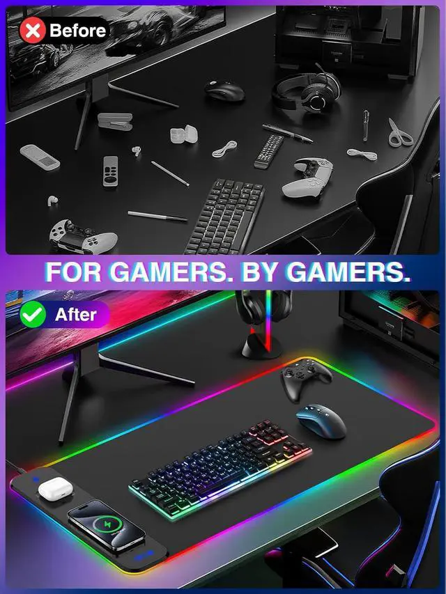 Alt view image 7 of 7 - Magnetic Charging Mouse Pad 31.5x15.75, 15W Fast Wireless Charging Desk Mat, XXL Desk Pad RGB Gaming Mousepad, Home Office Large Keyboard Pad with Ultra-Smooth Surface, Non-Slip Base
