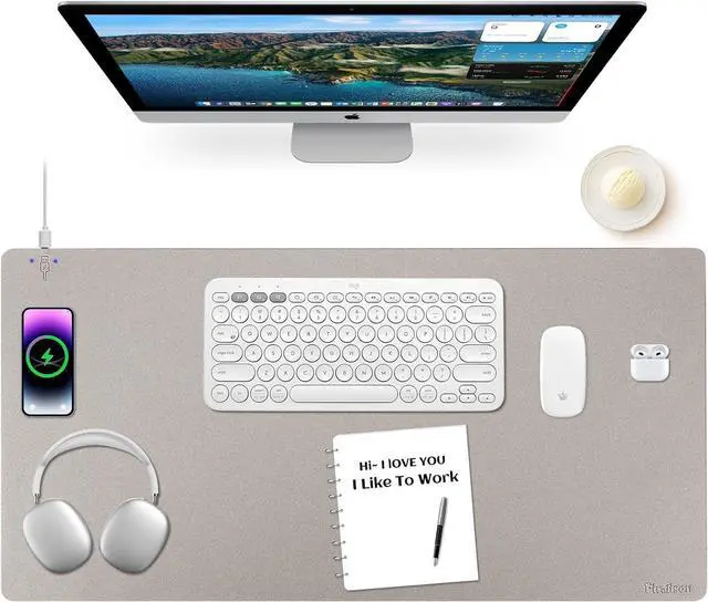 Main image of Wireless Charging Mouse Pad 2 in 1 Leather Multifunctional Office Desk Pad with Non-Slip Rubber Base, Waterproof Desk pad for Computers/Office/Work/Home/Decor 36" x 17"Grey - L