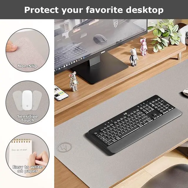 Alt view image 3 of 7 - Wireless Charging Mouse Pad 2 in 1 Leather Multifunctional Office Desk Pad with Non-Slip Rubber Base, Waterproof Desk pad for Computers/Office/Work/Home/Decor 36" x 17"Grey - L