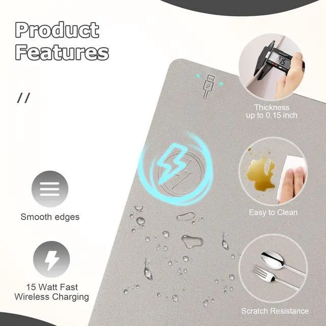 Alt view image 4 of 7 - Wireless Charging Mouse Pad 2 in 1 Leather Multifunctional Office Desk Pad with Non-Slip Rubber Base, Waterproof Desk pad for Computers/Office/Work/Home/Decor 36" x 17"Grey - L