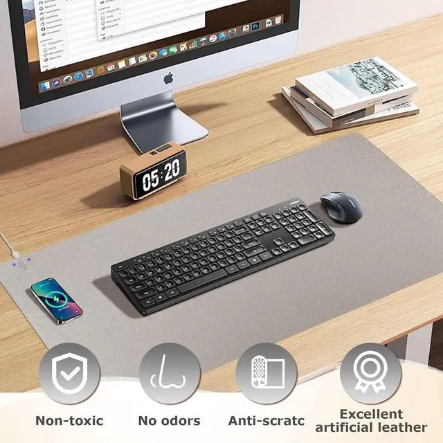 Alt view image 5 of 7 - Wireless Charging Mouse Pad 2 in 1 Leather Multifunctional Office Desk Pad with Non-Slip Rubber Base, Waterproof Desk pad for Computers/Office/Work/Home/Decor 36" x 17"Grey - L