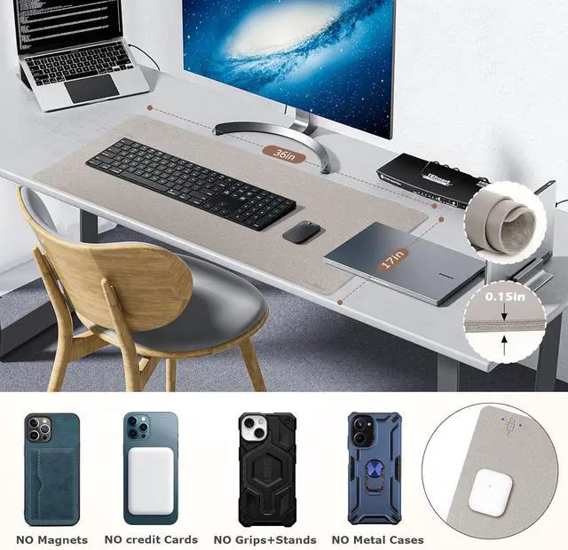 Alt view image 6 of 7 - Wireless Charging Mouse Pad 2 in 1 Leather Multifunctional Office Desk Pad with Non-Slip Rubber Base, Waterproof Desk pad for Computers/Office/Work/Home/Decor 36" x 17"Grey - L