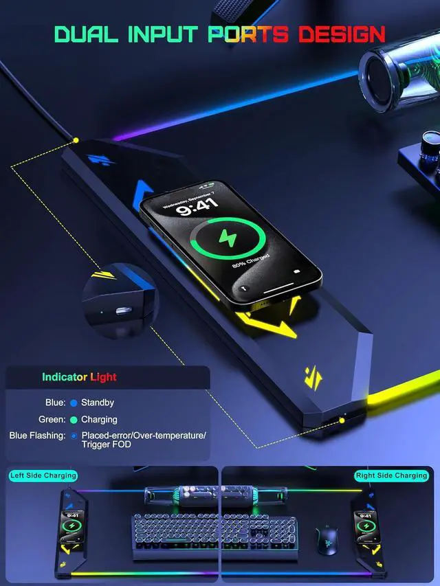 Alt view image 3 of 7 - Wireless Charging Mouse Pad, RGB Gaming Mousepad, 35.4" x 15.8" Extra Large Waterproof Keyboard Desk Pad, Cool Computer Desk Mat, Black (Includes 20W PD Power Adapter & 6.56ft Woven Cable)