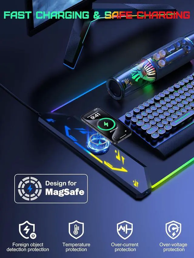 Alt view image 2 of 7 - Wireless Charging Mouse Pad, RGB Gaming Mousepad, 35.4" x 15.8" Extra Large Waterproof Keyboard Desk Pad, Cool Computer Desk Mat, Black (Includes 20W PD Power Adapter & 6.56ft Woven Cable)
