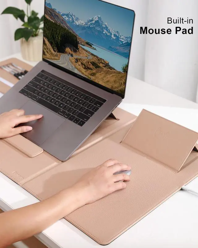 Alt view image 5 of 7 - 4-in-1 Laptop Stand for Desk Built-in Wireless Charging Pad, 15W, Qi-Certified, PU Leather Wireless Charging Mouse Pad, Laptop Holder on Top of Desks for Office