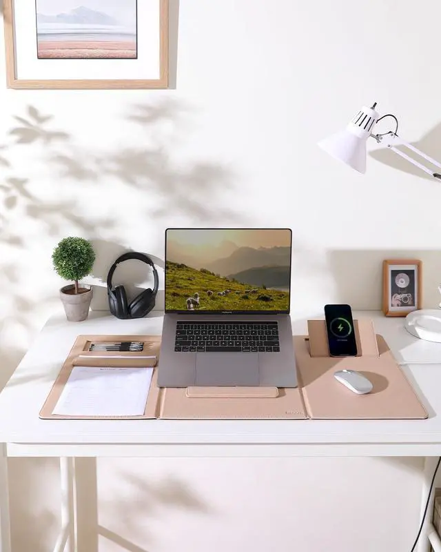 Alt view image 2 of 7 - 4-in-1 Laptop Stand for Desk Built-in Wireless Charging Pad, 15W, Qi-Certified, PU Leather Wireless Charging Mouse Pad, Laptop Holder on Top of Desks for Office