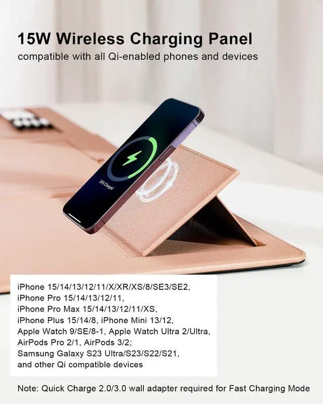 Alt view image 4 of 7 - 4-in-1 Laptop Stand for Desk Built-in Wireless Charging Pad, 15W, Qi-Certified, PU Leather Wireless Charging Mouse Pad, Laptop Holder on Top of Desks for Office