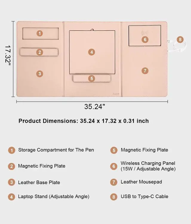 Alt view image 7 of 7 - 4-in-1 Laptop Stand for Desk Built-in Wireless Charging Pad, 15W, Qi-Certified, PU Leather Wireless Charging Mouse Pad, Laptop Holder on Top of Desks for Office