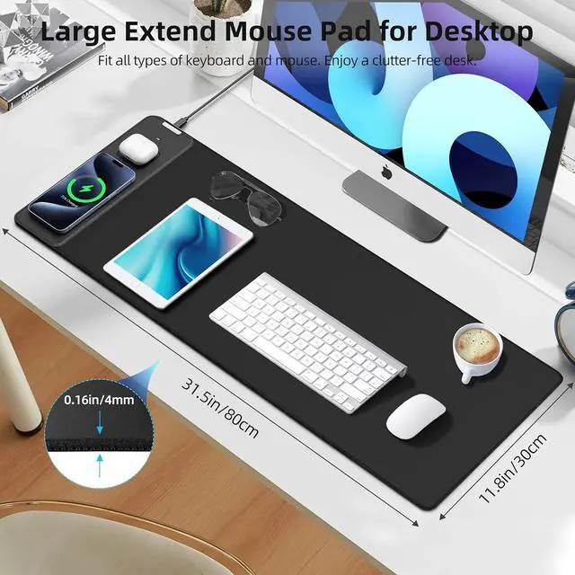 Alt view image 3 of 7 - Mouse Pad with Wireless Charging, Gaming Mouse Pad with Ultra-Smooth Surface, Large XXL Desk Mat, Non-Slip Mouse Mat, Waterproof Computer Keyboard Pad for Gaming, Desk, Office, PC, 800x300x4MM, Black