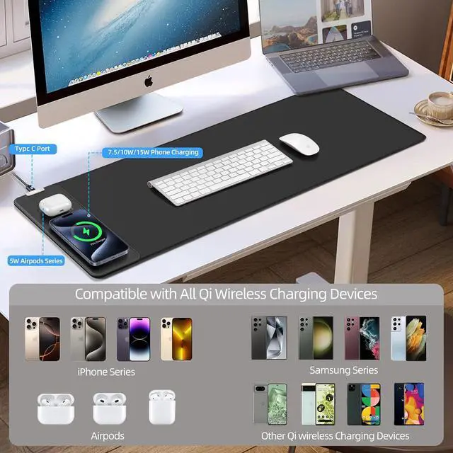 Alt view image 7 of 7 - Mouse Pad with Wireless Charging, Gaming Mouse Pad with Ultra-Smooth Surface, Large XXL Desk Mat, Non-Slip Mouse Mat, Waterproof Computer Keyboard Pad for Gaming, Desk, Office, PC, 800x300x4MM, Black