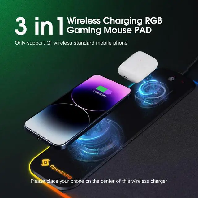 Alt view image 3 of 7 - M15WR Wireless Charging RGB Gaming Desk Mat/Mouse pad, 3 in 1 Wireless Charging, 15 RGB Light Modes (Sound Pickup Mode, Power Failure Memory Function), 31.49" x 11.81" Non-Slip Rubber Base