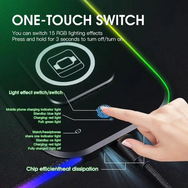 Alt view image 5 of 7 - M15WR Wireless Charging RGB Gaming Desk Mat/Mouse pad, 3 in 1 Wireless Charging, 15 RGB Light Modes (Sound Pickup Mode, Power Failure Memory Function), 31.49" x 11.81" Non-Slip Rubber Base