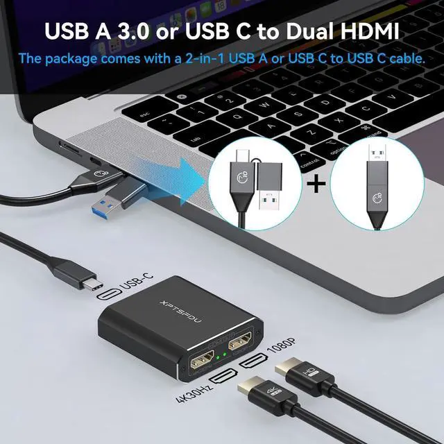 Alt view image 5 of 7 - XPTSFDU USB 3.0 or USB C to Dual HDMI Splitter HDMI Splitter Extended Display for Dual Monitor Multi Monitor Display 3 Separate Screens 4K30Hz Output 1, 1080p Output 2 for Windows, Mac OS