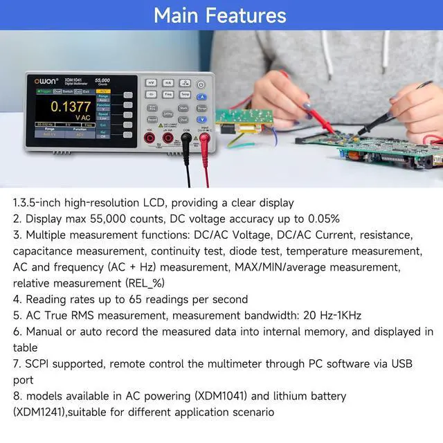 Alt view image 2 of 6 - Desktop Digital Multimeter with 3.5-inch LCD Display, Measures AC/DC Current, Voltage, and Temperature with True RMS Capability,Designed for Laboratories, Instruments, and Factories XDM1041