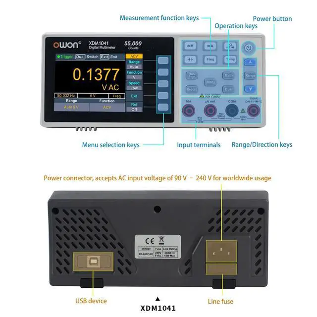 Alt view image 6 of 6 - Desktop Digital Multimeter with 3.5-inch LCD Display, Measures AC/DC Current, Voltage, and Temperature with True RMS Capability,Designed for Laboratories, Instruments, and Factories XDM1041