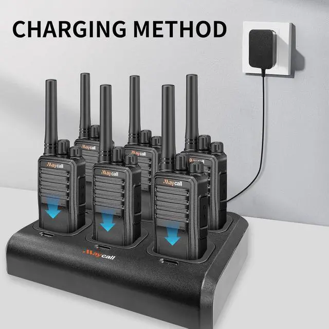 Alt view image 4 of 7 - MC-528 Walkie Talkies 6 Pack with Earpiece Two Way Radios Rechargeable 1200mAh Long Range with 6 Way Multi Unit Charger One Click Frequency Matching Encrypted Call for Trip Camping