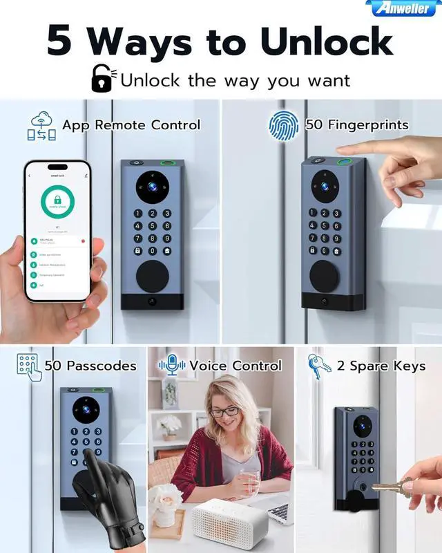 Alt view image 2 of 7 - Smart Door Lock with Camera, WiFi Deadbolt with Video Doorbell, Fingerprint Biometric Electronic Keyless Entry Front Door Lock with Code Keypad for Exterior Doors, 10000mAh Battery