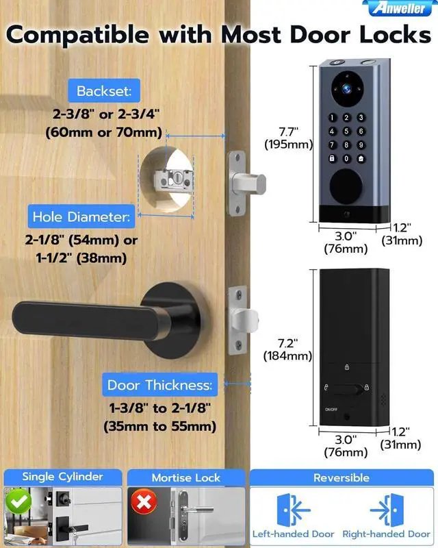 Alt view image 7 of 7 - Smart Door Lock with Camera, WiFi Deadbolt with Video Doorbell, Fingerprint Biometric Electronic Keyless Entry Front Door Lock with Code Keypad for Exterior Doors, 10000mAh Battery