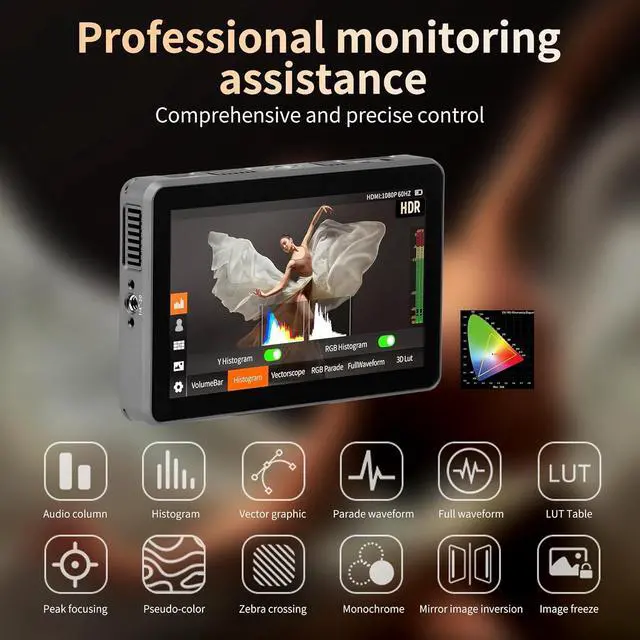 Alt view image 3 of 7 - Camera Field Monitor 4K 2000Nits 6 Inch Touchscreen Camera Monitor, Full HD 1920x1080 Video Monitoring, 3D Lut, 3G-SDI, Focus Peaking, with Sunshade Hood and Battery for Canon