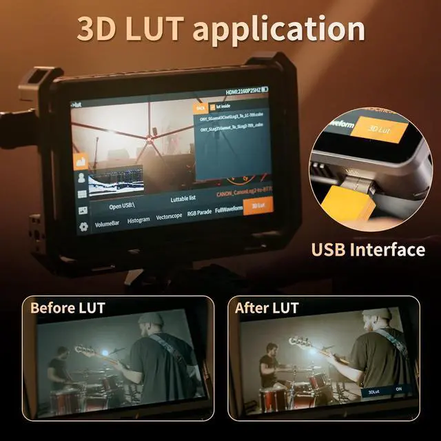 Alt view image 5 of 7 - Camera Field Monitor 4K 2000Nits 6 Inch Touchscreen Camera Monitor, Full HD 1920x1080 Video Monitoring, 3D Lut, 3G-SDI, Focus Peaking, with Sunshade Hood and Battery for Canon