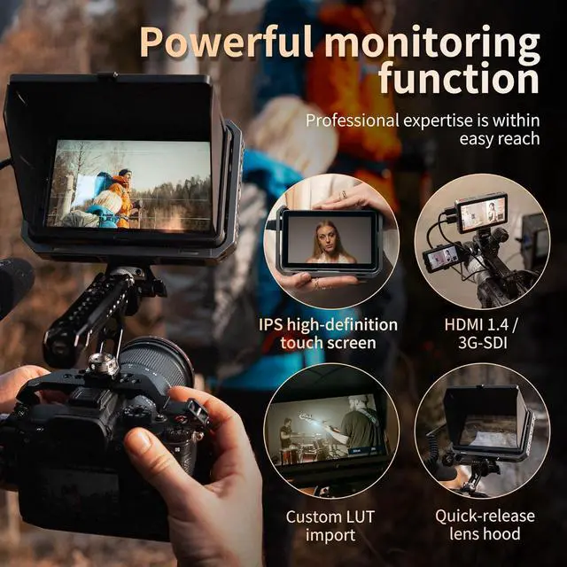 Alt view image 6 of 7 - Camera Field Monitor 4K 2000Nits 6 Inch Touchscreen Camera Monitor, Full HD 1920x1080 Video Monitoring, 3D Lut, 3G-SDI, Focus Peaking, with Sunshade Hood and Battery for Canon