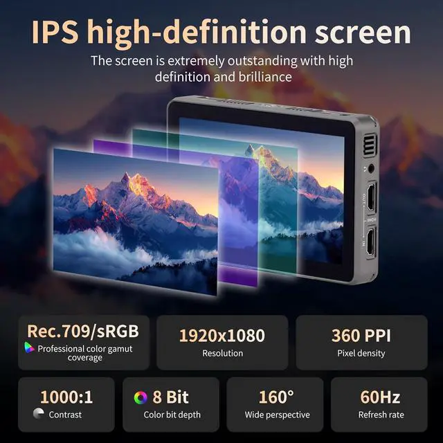 Alt view image 7 of 7 - Camera Field Monitor 4K 2000Nits 6 Inch Touchscreen Camera Monitor, Full HD 1920x1080 Video Monitoring, 3D Lut, 3G-SDI, Focus Peaking, with Sunshade Hood and Battery for Canon
