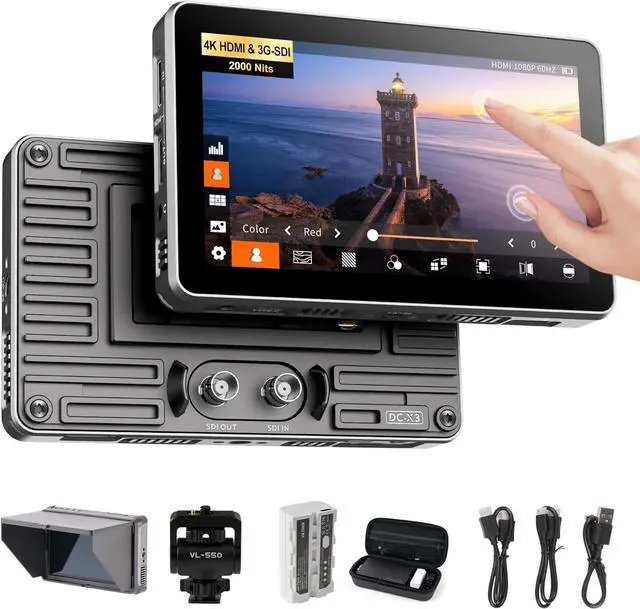 Main image of DC-X3 2000 Nits SDI Camera Field Monitor, 4K HDMI 6 inch Touchscreen On Camera Monitor, 3D Lut 1920X1080 HD Focus Peaking Assist Full Waveform Video Field Monitor with Battery Sunshade Hood