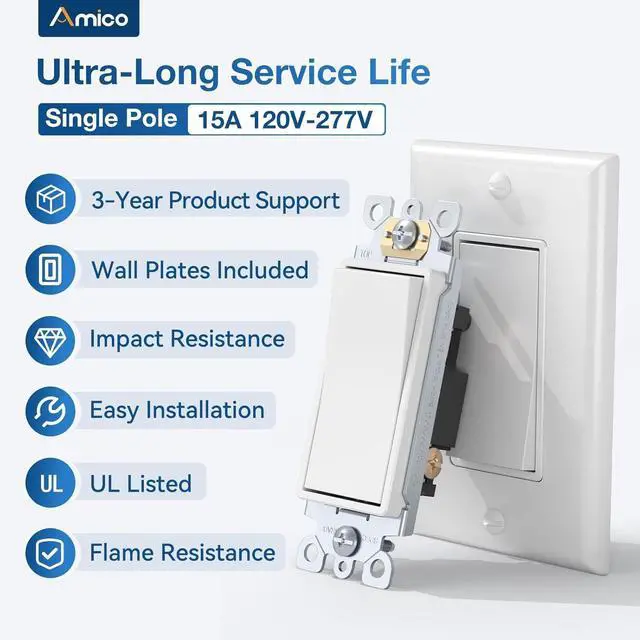 Alt view image 2 of 7 - Amico 50 Pack Single Pole Light Switch with Wall Plate, UL Listed, 15A 120/277V, On/Off Rocker Paddle Interrupter Wall Switch, Grounding Screw, Residential Grade, Suitable for Home and Business, White
