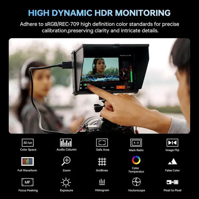 Alt view image 5 of 7 - DC-L1 7-Inch Touchscreen Camera Field Monitor 1280×800Supports HDMI 1.4Custom 3D LUT Import, Vectorscope & Waveform Scopes, Detachable Sunshade, NP-F Battery & Accessories