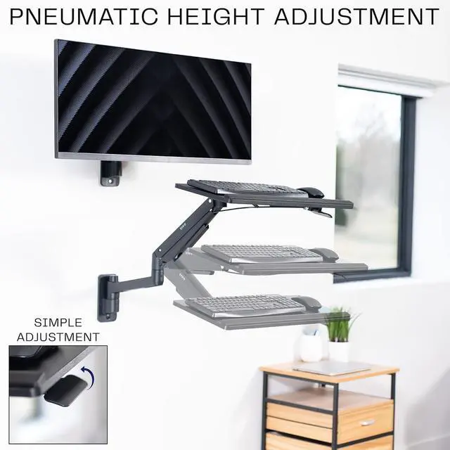 Alt view image 3 of 7 - Sit-Stand 24 Inch Pneumatic Spring Keyboard and Mouse Tray Wall Mount, Counterbalance Height Adjustable Typing Platform, Ergonomic Tilt, Black, MOUNT-KB35C