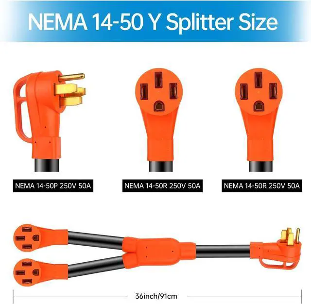 Alt view image 2 of 7 - NEMA 14-50 Y Splitter Adapter Cord for RV and EV, 4-Prong 240-Volt, ETL&UL Listed 14-50P to x2 14-50R, 6/3, 8/1 STW AWG Gauge-Auto/RV/EV/Tesla Model 3/S/X/Y-3 Feet