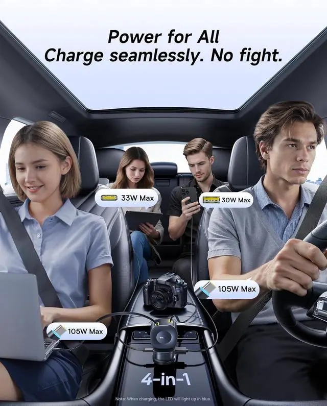 Alt view image 2 of 7 - 240W Retractable Car Charger USB C Fast Charging, VR2 Max 4 in 1 Fast Car Charger with Dual Retractable USB C Cable for iPhone 17 16 15 Pro Max, Samsung Galaxy S25 Ultra, Android, iPad, MacBook