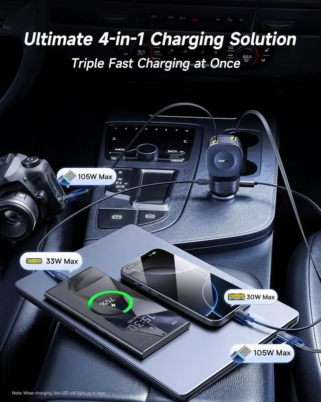 Alt view image 4 of 7 - 240W Retractable Car Charger USB C Fast Charging, VR2 Max 4 in 1 Fast Car Charger with Dual Retractable USB C Cable for iPhone 17 16 15 Pro Max, Samsung Galaxy S25 Ultra, Android, iPad, MacBook