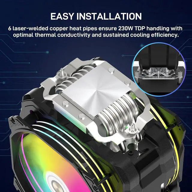 Alt view image 3 of 7 - M120D Plus CPU Cooler with Temperature Display, Dual ARGB & PWM Fans, 6 Copper Heat Pipes - Compatible with LGA1700/1200/115X/2011/2066/1366 and AM4/AM5 - Easy Installation - Black