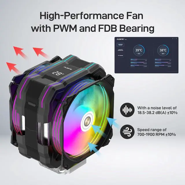 Alt view image 4 of 7 - M120D Plus CPU Cooler with Temperature Display, Dual ARGB & PWM Fans, 6 Copper Heat Pipes - Compatible with LGA1700/1200/115X/2011/2066/1366 and AM4/AM5 - Easy Installation - Black
