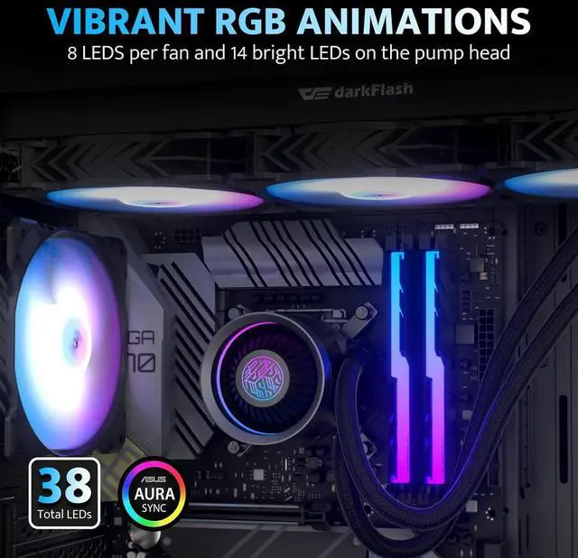 Alt view image 6 of 7 - DN360A AIO CPU Liquid Cooler, High-Performance Pump, ARGB Sync, PWM Fans, with Customizable Logo Display, Compatible with 1851/1700, AM4/AM5 (Black, 360mm AIO)