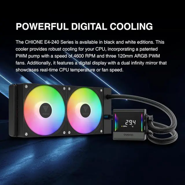 Alt view image 2 of 7 - CHIONE E4 240mm AIO CPU Water Cooler, Real-time Digital Display Patented PWM Pump, Hidden Cable Design, ARGB PWM Fan w/MB Sync, LGA 1700/1200, AM5/AM4, Black