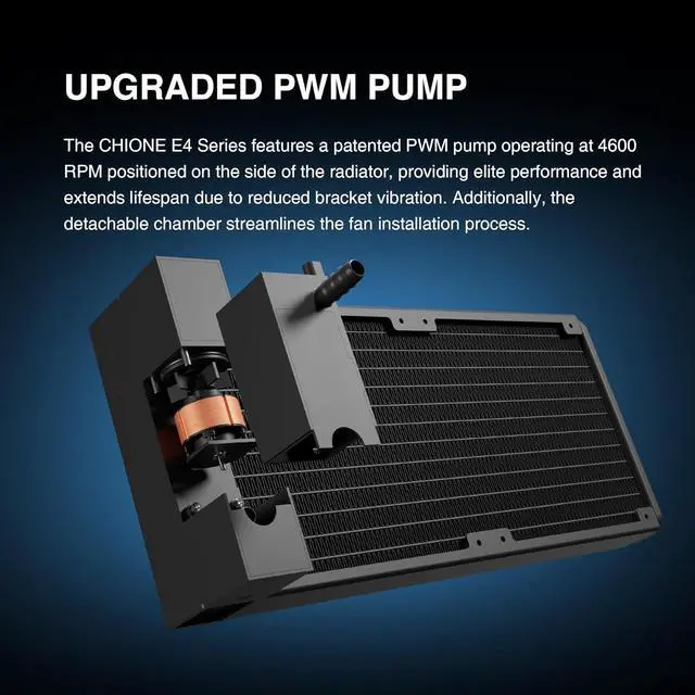 Alt view image 4 of 7 - CHIONE E4 240mm AIO CPU Water Cooler, Real-time Digital Display Patented PWM Pump, Hidden Cable Design, ARGB PWM Fan w/MB Sync, LGA 1700/1200, AM5/AM4, Black