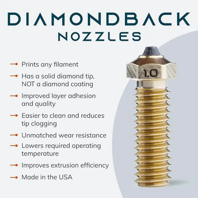 Alt view image 2 of 6 - Diamondback Nozzles Volcano Compatible Polycrystalline Solid Diamond Tip 3D Printer Nozzles, Improved Extrusion, Any Filament, Long Life, Wear Resistant, Layer Adhesion, USA Made (1.75mm x 1.0mm)
