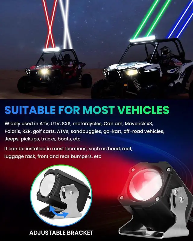 Alt view image 4 of 7 - Whipless LED Whip Lights, 2 PCS Upgraded Spot Beam Pod Lights, 4300 FT Range RGBW Chasing Whipless Whip Light Kit, Compatible with UTV ATV Polaris RZR Can-Am Maverick X3 Cfmoto Kawasaki SXS Jeep Truck