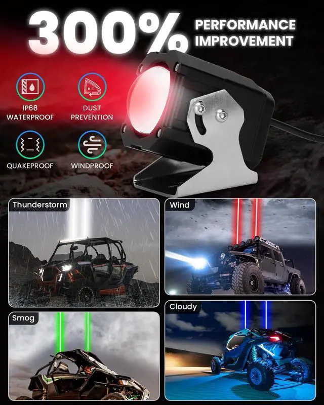 Alt view image 6 of 7 - Whipless LED Whip Lights, 2 PCS Upgraded Spot Beam Pod Lights, 4300 FT Range RGBW Chasing Whipless Whip Light Kit, Compatible with UTV ATV Polaris RZR Can-Am Maverick X3 Cfmoto Kawasaki SXS Jeep Truck