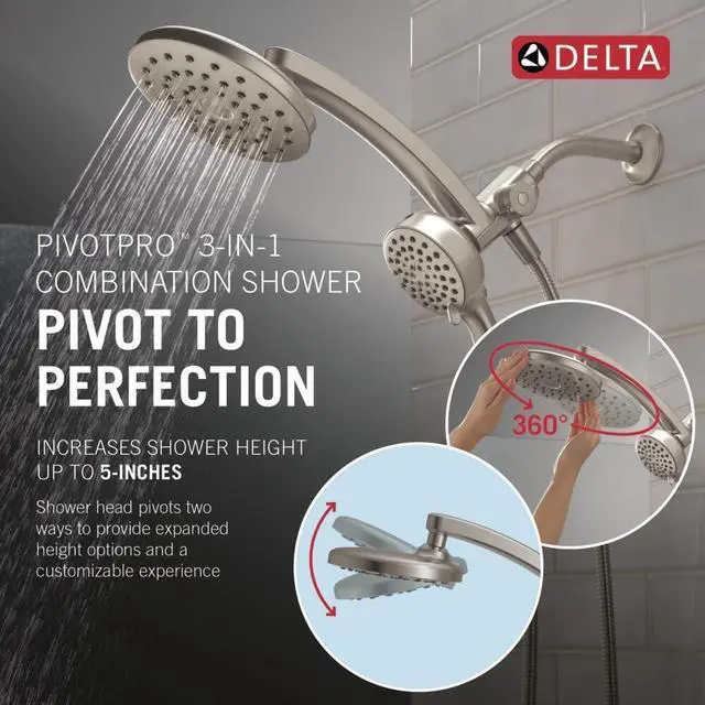 Alt view image 2 of 7 - Delta 6-Setting PivotPro 3-in-1 Combination Shower Head with ProClean Spray, Brushed Nickel Round Shower Head Rainfall with Handheld Spray, 1.75 GPM, SpotShield Brushed Nickel 75649SN